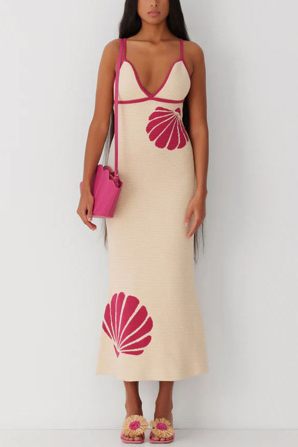 Lilipretty® Mermaid Princess Knit Shell Pattern Fishtail Hem Halter Stretch Midi Dress