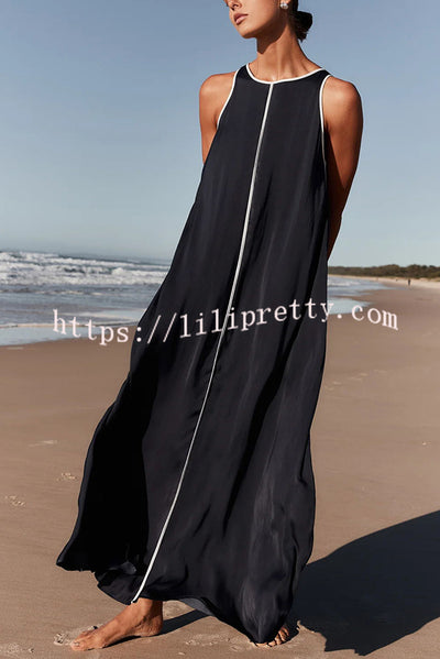 Palos Satin Navy with White Contrast Piping Pocketed A-line Maxi Dress