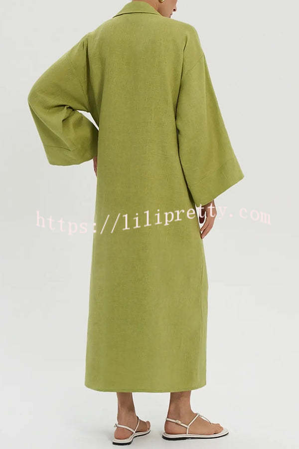 Linen Blend Solid Color Casual Lapel Tie Loose Maxi Dress