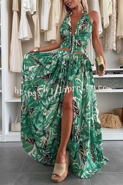 Amazon Scenery Unique Print Tie-up Cutout Waist Ring Halter Slit Maxi Dress