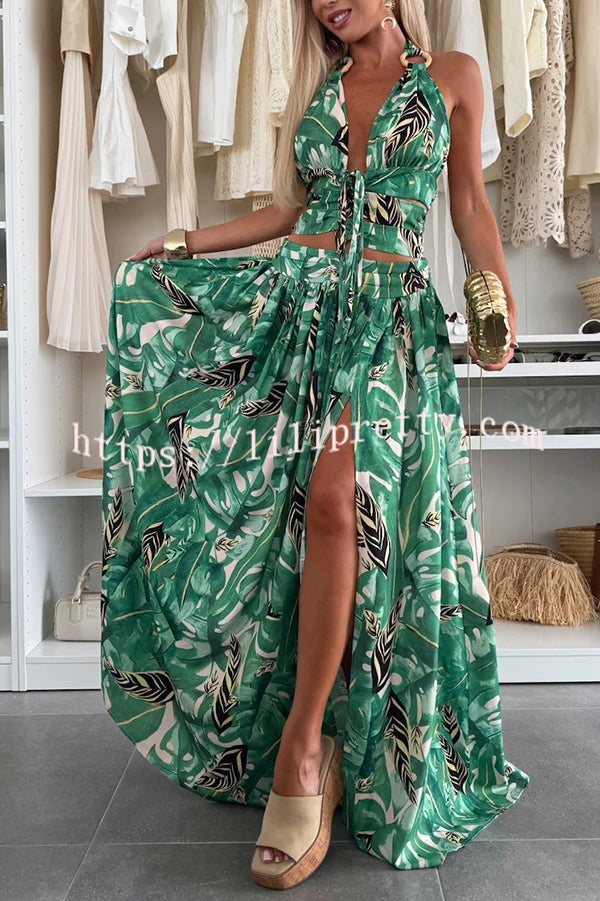 Amazon Scenery Unique Print Tie-up Cutout Waist Ring Halter Slit Maxi Dress