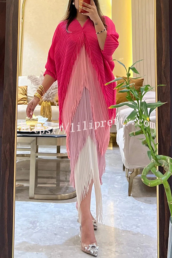 Fashionable Color-blocked Multi-layered Tassel Loose Midi Dress