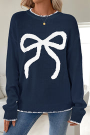Christmas Contrasting Color Big Bow Round Neck Long Sleeve Loose Knitted Sweater