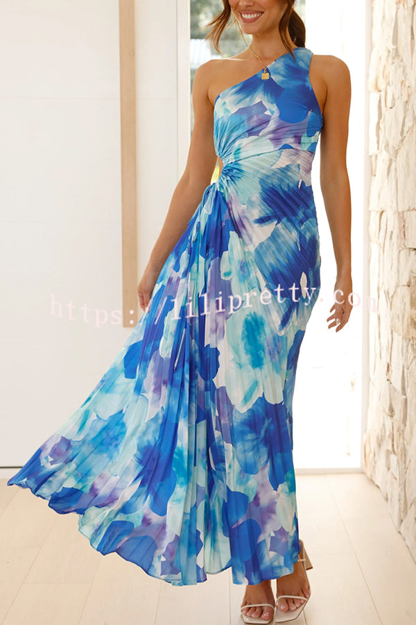 Laken Floral Print One Shoulder Adjustable Tie Cutout Pleated Maxi Dress