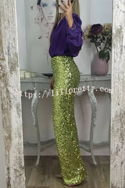 Glitzy Glamour Sequin High Rise Elastic Waist Wide Leg Pants