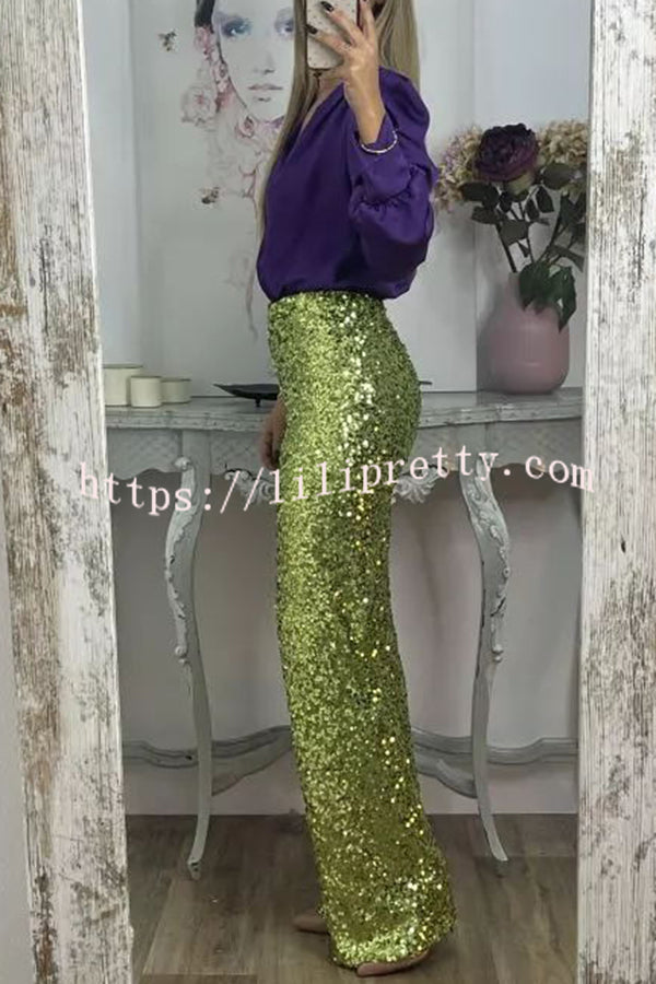 Glitzy Glamour Sequin High Rise Elastic Waist Wide Leg Pants