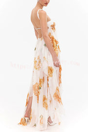 Mariah Floral Print Starfish Brooch Inverted Halter Neck Slit Ruffles Maxi Dress