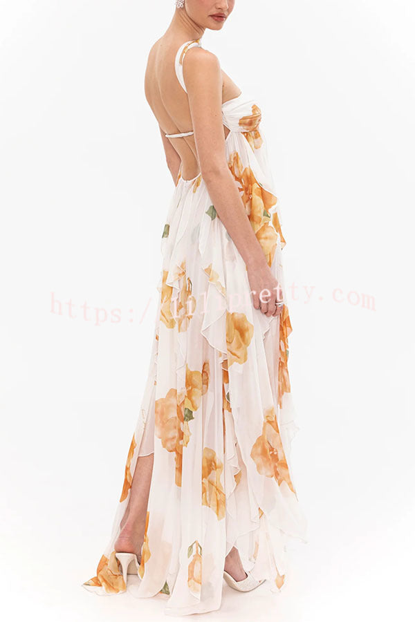 Mariah Floral Print Starfish Brooch Inverted Halter Neck Slit Ruffles Maxi Dress