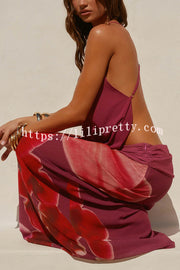 Sexy Deep V Backless Draped Camisole Top and Floral Print Chiffon Maxi Skirt Set