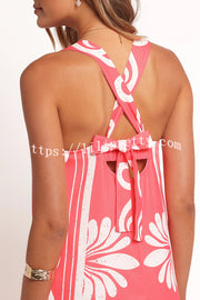 Unique Print Square Neck Open Back Tie Bow Holiday Maxi Dress