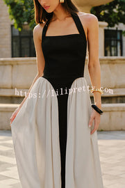 Fashion Contrast Color Stitching Sleeveless Backless Slim Maxi Dress