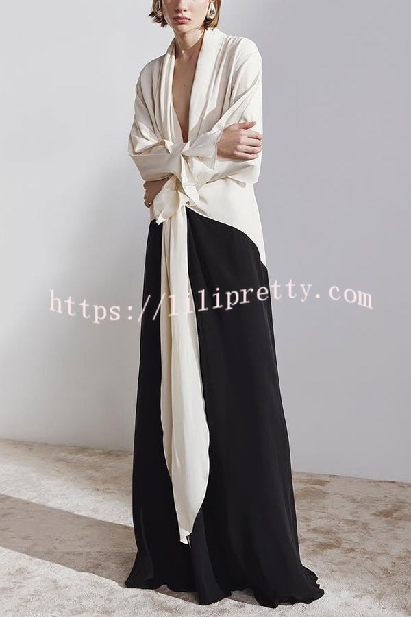 Fashion Contrast Color V-neck Tie High Waist Drape Maxi Dress