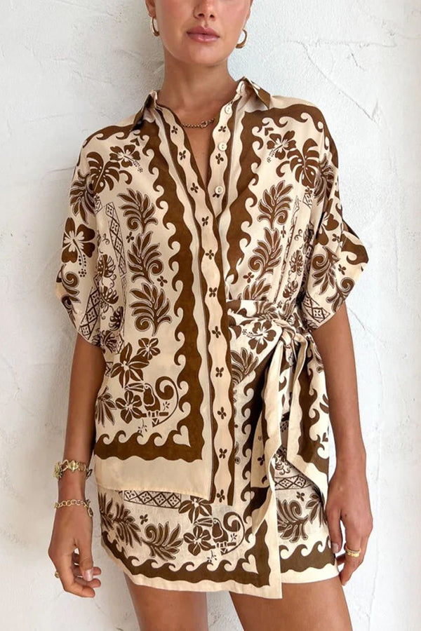 Lilipretty Embrace Hot Nights Linen Blend Ethnic Print Button Shirt and Knotted Waist Mini Skirt Set