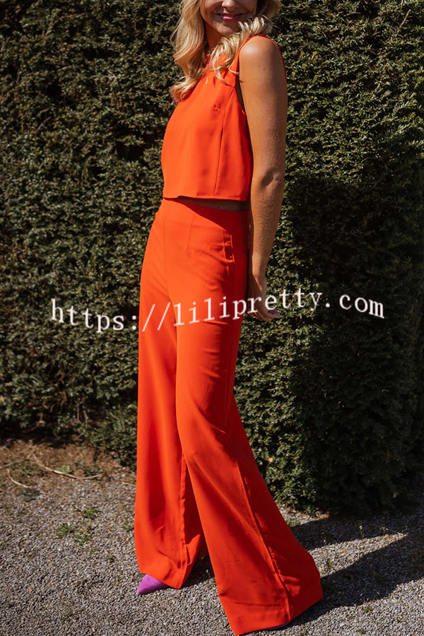 Modern and Elegant Solid Crop Tank and High Rise Flare Loose Pants Set