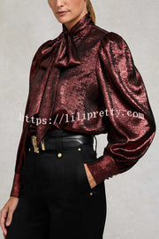 Ariella Metallic Satin Fabric Tie-up Bow Neck Long Sleeve Blouse
