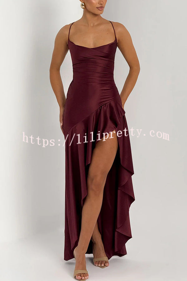 Solid Color Sexy Backless Lace-up Irregular Ruffled Maxi Dress