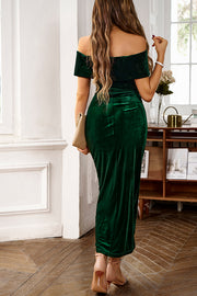 Solid Color Velvet Off-shoulder Slim-fit Elegant Slit Midi Dress