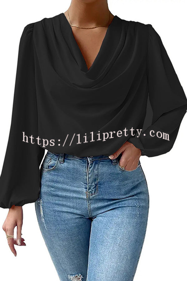 Lilipretty Simple and Beautiful Satin Cowl Drape Neck Long Sleeved Shirt