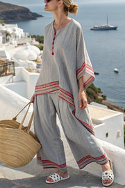 Striped Print Crew Neck Loose Top and Elastic Waist Casual Wide Leg Pants