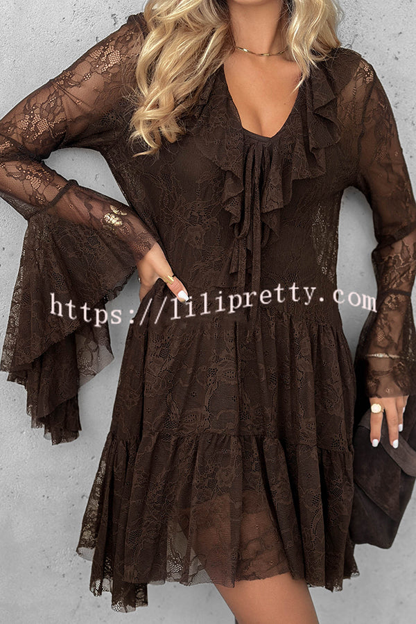 Feeling Lighthearted Lace Ruffle Neck Bell Sleeve Layered Hem A-line Mini Dress