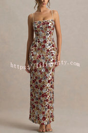 The Center of Attention Floral Print Sequin Square Neck Slip Stretch Maxi Dress