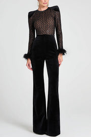 Monique Fish Scale Lace Sequin Velvet Patchwork Feather Trim Stretch Flare Jumpsuit