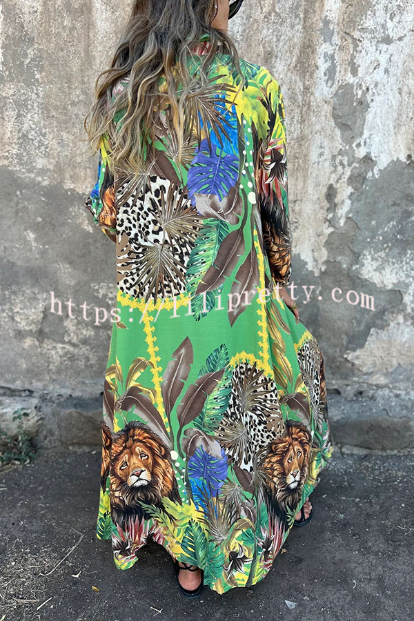 Jungle Miracle Animal Unique Print Button Long Sleeve Midi Relaxed Blouse