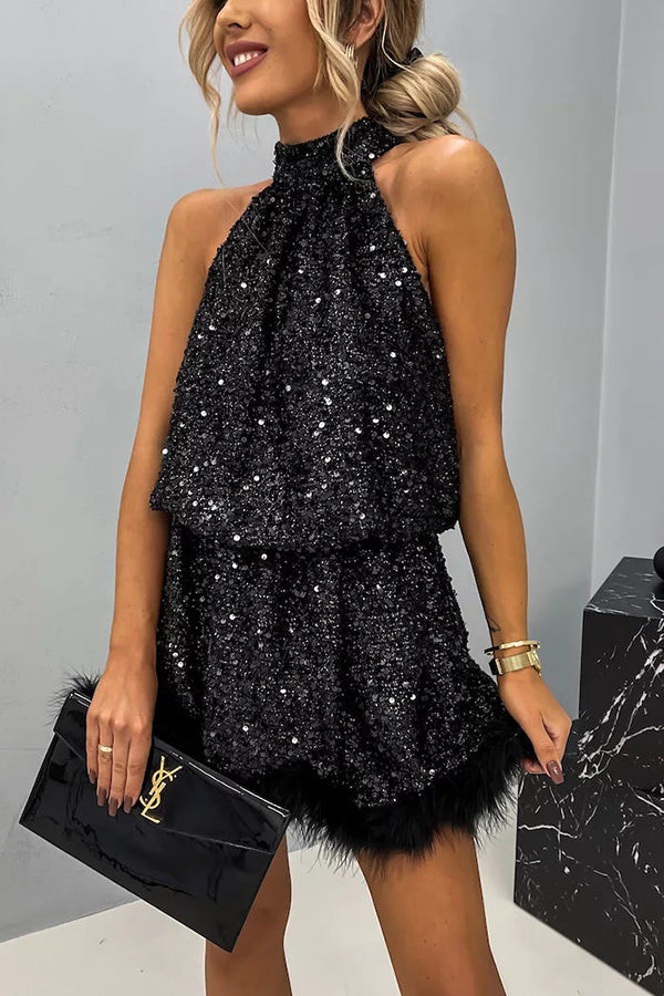 It's Time To Dance Sequin Feather Trim Halter Babydoll Mini Dress lilipretty It's Time To Dance Sequin Feather Trim Halter Babydoll Mini Dress lilipretty