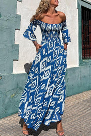 Lilipretty® Close To The Vacation Ethnic Print Smocked Off Shoulder Pocketed Maxi Dress