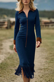 Stylish Suede Zipper Long-sleeved Fringed Hem Slim-fit Midi Dress