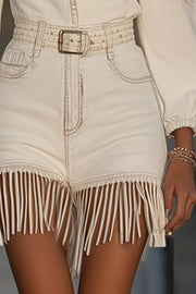 Stylish Long-sleeved Fitted Waist Fringed Hem Denim-style Mini Dress