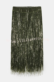 Party Crasher Layered Sequined Tassels High Rise Back Zipper Midi Skirt