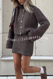 Fashion Lapel Bell Sleeve Knitted Cardigan and Casual Mini Skirt Set