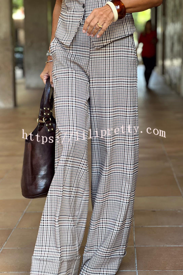 Office Chic Plaid Button Up Vest and Elastic Waist Pocketed Wide Leg Pants Set