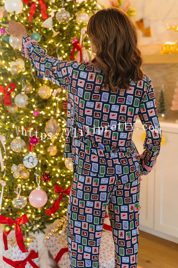 Postcards To Santa Unique Print Ruffles Trim Pocket Shirt and Elastic Waist Pajama Set