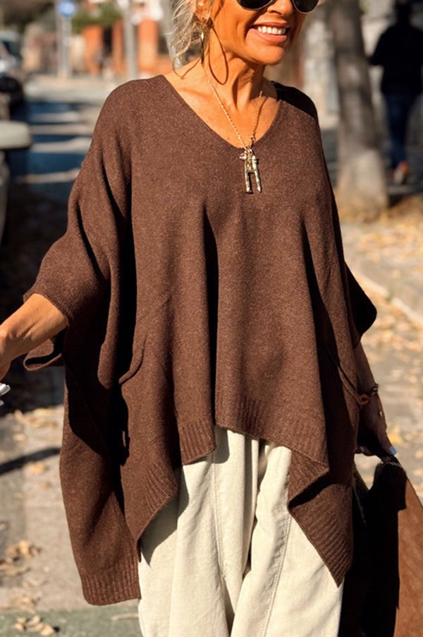 Fashion V-neck Loose Pocket Mid-length Knitted Poncho Sweater