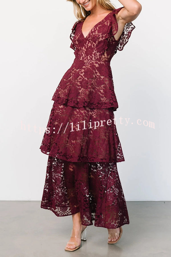 Solid V-neck Ruffled Sleeves Cinched Waist Maxi Dress