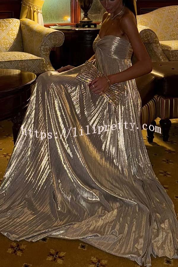 Night Elf Metallic Fabric Pleated Off Shoulder Twist Bust Slit Maxi Dress