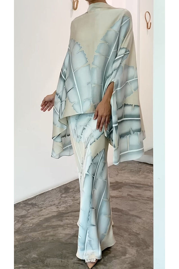 Lilipretty® Matilda Satin Unique Print Drape Cape Sleeve Top and Elastic Waist Maxi Skirt Set