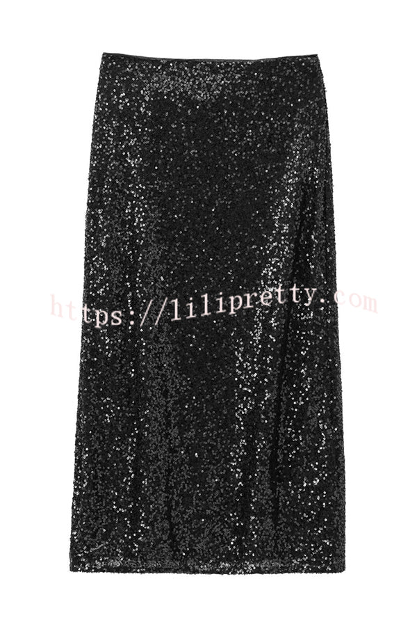 Crushing on You Sequin High Rise Wrap Tie-up Slit Midi Skirt