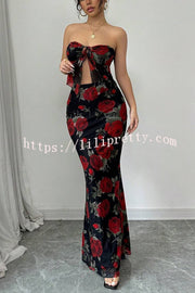 Floral Print Sexy Bandeau Lace-up Top and Slim Mesh Stretch Maxi Skirt Set