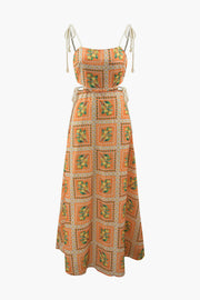 Lilipretty Orange Summer Printed Linen Blend Cutout Tie-up Design Maxi Dress