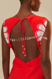 Lilipretty® Summer Embrace Linen Blend Floral Print Drawstring Cutout Detail Midi Dress