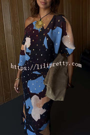 Mara Pleated Fabric Metallic Speckled Color Block Print One Shoulder Maxi Dress