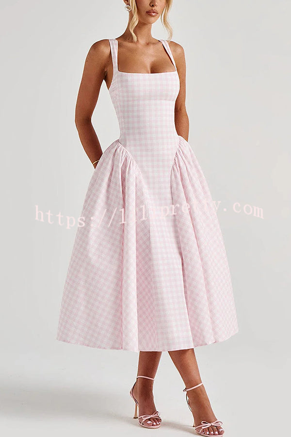 Playful Elf Gingham Square Neck Back Smocked Lace-up Midi Dress