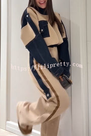 Chill Whispers Denim Patchwork Sweatshirt Fabric Striped Elastic Waist Pocket Loose Pants