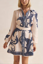 Botanical Print Lapel Puff Sleeve Vintage Belt Loose Mini Dress