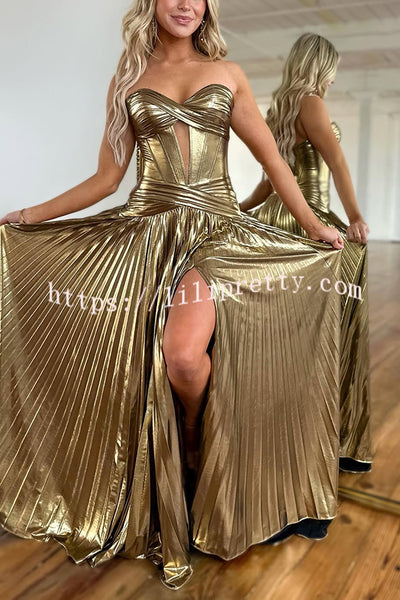 Dazzling Metallic Fabric Cross Strapless Cutout Slit Pleated Maxi Dress