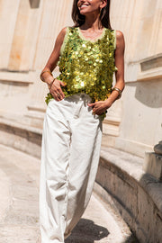 Fashionable Sequined Round Neck Sleeveless Loose Vest