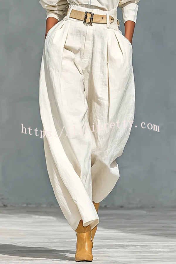 Fashionable Round Neck Long-sleeved Casual Top and High Waist Pocket Loose Wide-leg Pants Set